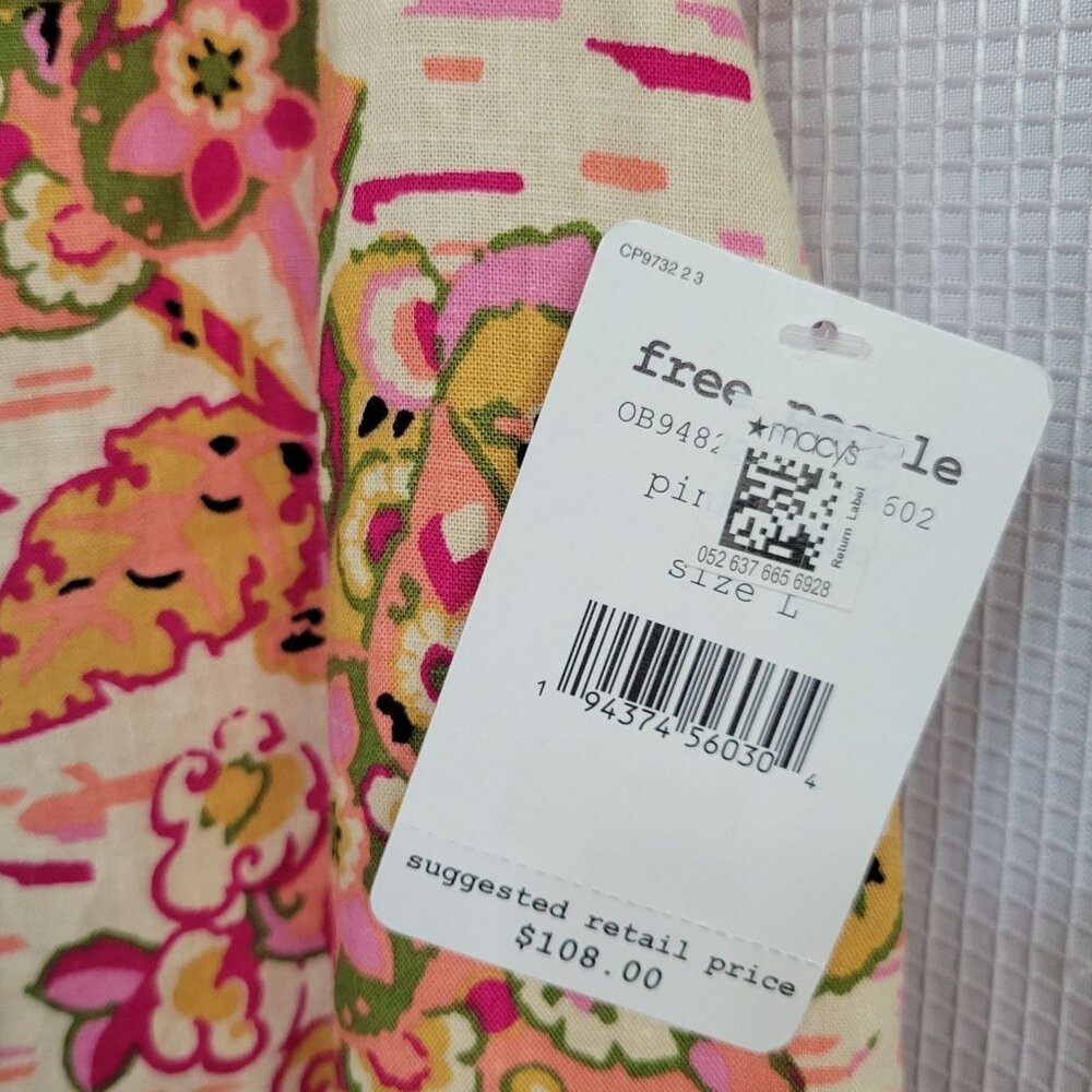 Free People NWT Size L Dress Mini Linen Blend Floral Keyhole Back Pullover Pink - Picture 12 of 13